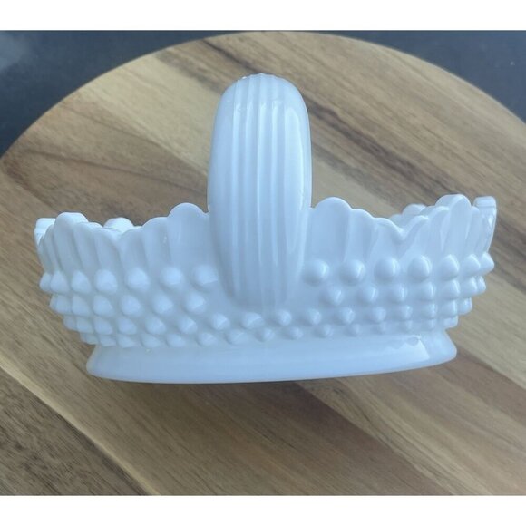 Vtg Fenton Basket Hobnail Milk Glass Oval Double Ribbed Handle Christmas Decor - Picture 3 of 8
